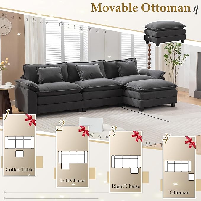URRED Modular Sectional Sofa Comfy Cloud Couch, Modern Velvet Sofa Sleeper Deep Seat Couches with Ottoman/Pillows for Living Room (Dark Gray, 117''- L Shape)-Ruum Studio Home
