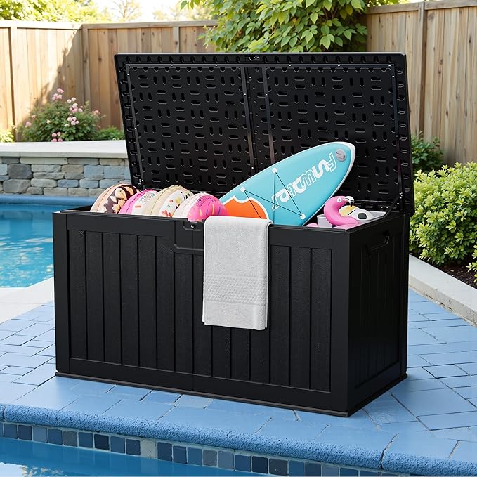 JUMMICO 250 Gallon Outdoor Resin Deck Box with Divider, Waterproof Storage Box with Lockable Lid&Side Handles for Garden Tools, Pools Supplies (Black)-Ruum Studio Home