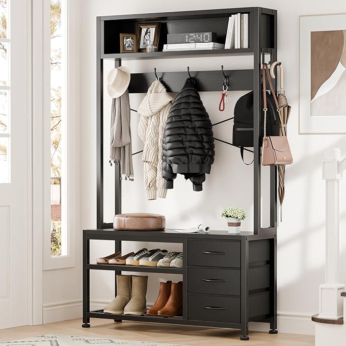 Lulive Hall Tree with Bench and Shoe Storage, 31.5" Coat Rack Freestanding with 2-Tier Storage Shelf, 6-in-1 Entryway Bench Coat Rack with 12 Hooks and 3 Drawers(Black)-Ruum Studio Home