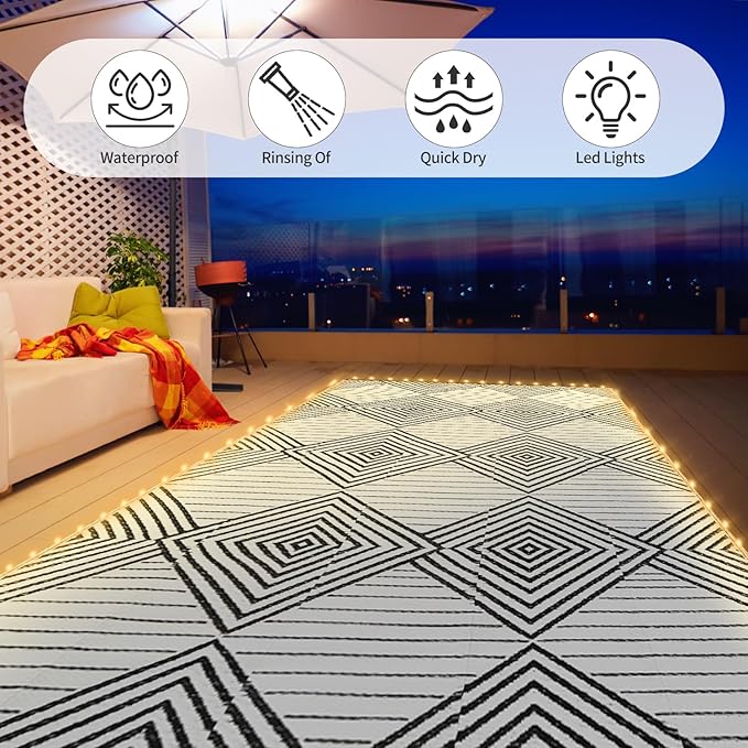 6x9ft Waterproof Outdoor Rug with LED Lights, Foldable Reversible Plastic Straw Mat for Patio RV Camping Picnic Balcony Beach Deck Indoor Outdoor Carpet, Black&White-Ruum Studio Home