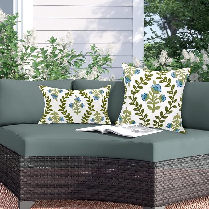 Alysheer Floral Embroidered Summer Decorative Throw Pillow Covers 18"x 18" Set of 2, Farmhouse Blue Flowers Green Vines Patterned Cotton Cushion Cases for Couch Bed Living Room Cottage Decor-Ruum Studio Home