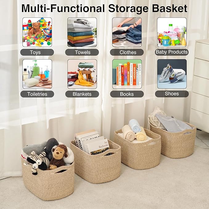 Storage Baskets for Organizing & Shelves, Woven Cotton Rope Organization Bins for Dog Toys, Clothes, Books, Nursery Organizer, 15" Lx11''Wx9.5''H, (4 Packs) Brown-Ruum Studio Home