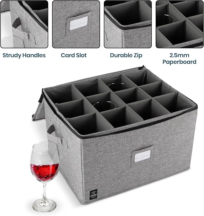 Wine Glass Storage, Holds 12 Stemware Glasses, Stackable, Fully-Padded Inside with Hard Top and Sides (Grey)-Ruum Studio Home