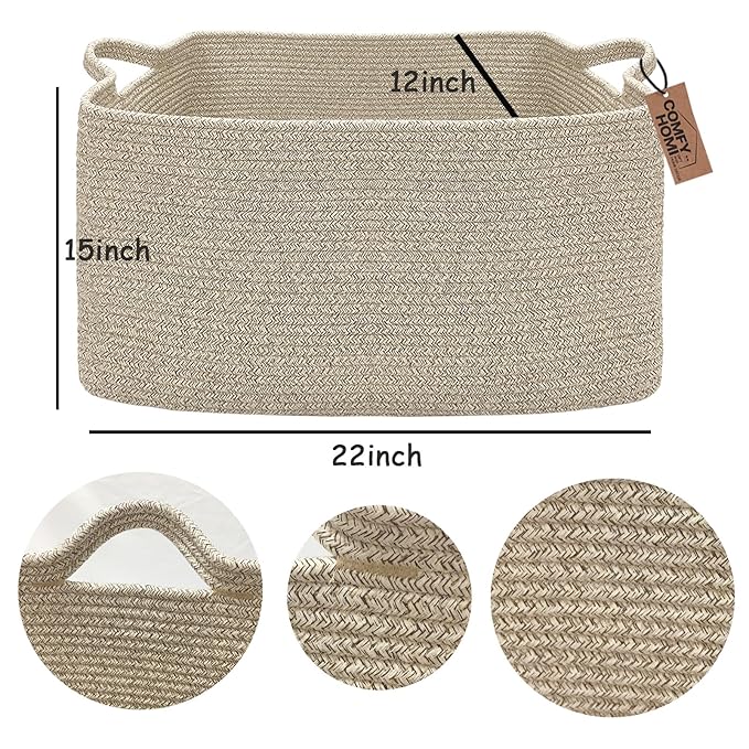COMFY-HOMI Large Rectangular Blanket Basket, Woven Cotton Rope Baskets for Storage, Laundry Hamper Basket, Storage Bin,Toy Organizing Bin with Handle, Organization and Storage-22x15x12”-Brown-Ruum Studio Home