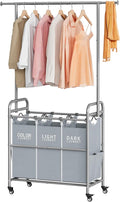 Tajsoon Laundry Sorter with Hanging Bar, 3 Section Rolling Laundry Hamper with Heavy Duty Lockable Wheels, Laundry Basket with Hanging Rack for Bedroom, 3 Gray-Ruum Studio Home