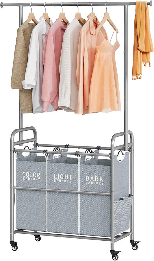 Tajsoon Laundry Sorter with Hanging Bar, 3 Section Rolling Laundry Hamper with Heavy Duty Lockable Wheels, Laundry Basket with Hanging Rack for Bedroom, 3 Gray-Ruum Studio Home