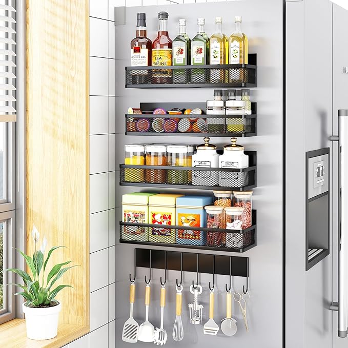 Magnetic Spice Rack for Refrigerator, 5 Pack Magnetic Shelf, Moveable Magnetic Fridge Organizer with 8-Hook Rack, Seasoning Organizer for Kitchen Organization and Storage (5 Pack)-Ruum Studio Home