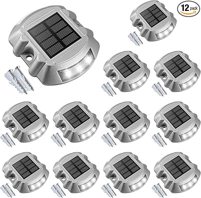 VOLISUN Solar Deck Lights Driveway Dock Lights, 12-Pack Led IP67 Waterproof Outdoor Warning Step Lights for Driveway Sidewalk Garden Pathway Yard(White)-Ruum Studio Home