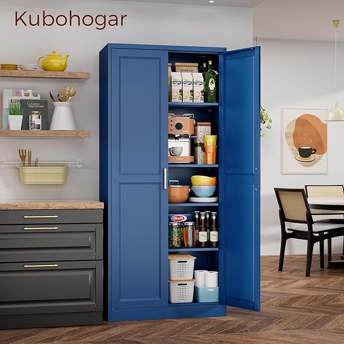 71" Metal Pantry Cabinet, Tall Kitchen Pantry Storage Cabinet with 4 Adjustable Shelves and Gold Handles, Blue Cupboard for Kitchen, Dining Room, Living Room-Ruum Studio Home