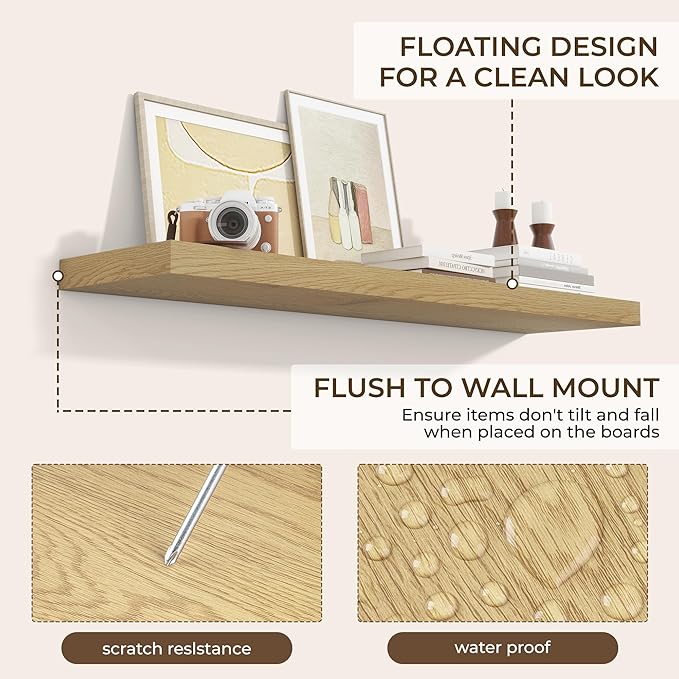 RICHFOCUS 48Inch Floating Shelves for Wall 1 Pack Shelves for Bedroom|Kitchen|Bathroom Wall Mounted Rustic Wood Floating Shelf with Invisible Brackets for Books|Storage|Decor, Oak-Ruum Studio Home