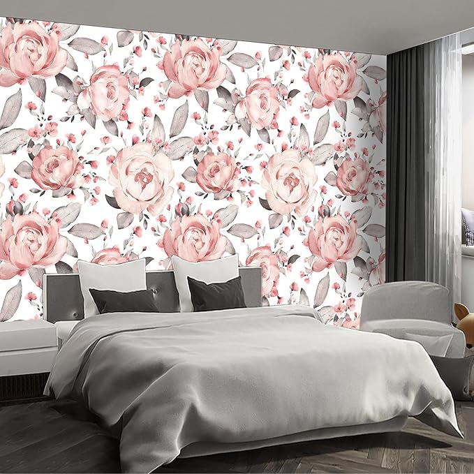 Pink Floral Wall murals Peel and Stick Flowers Wallpaper for Bedroom Living Room - 85"x118"-Ruum Studio Home