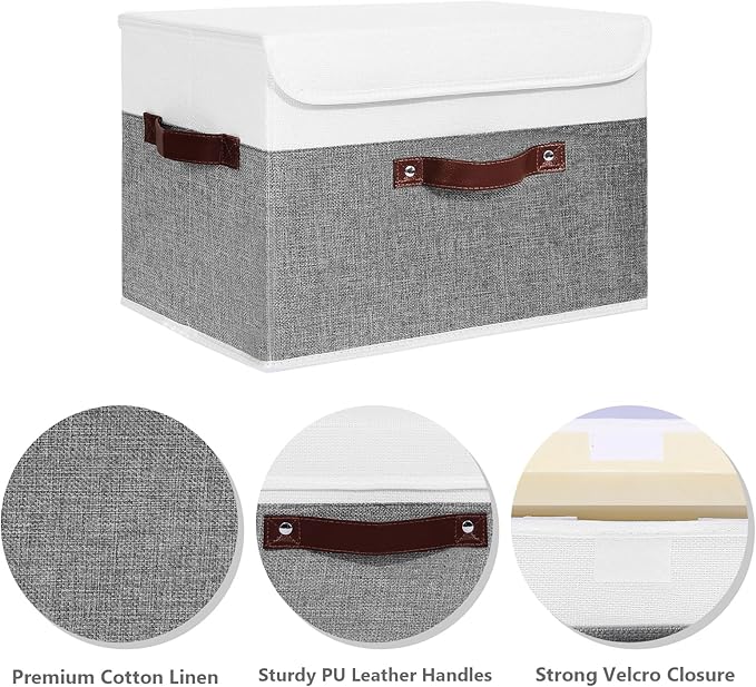ANMINY Storage Boxes with Lids Washable Decorative Storage Bins Basket with PU Leather Handle Foldable Linen Fabric Storage Cubes Containers for Home Closet Organizer - Gray White, Large Size-Ruum Studio Home