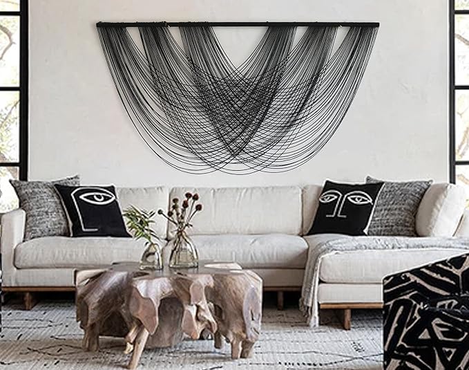 Flber Macrame Wall Hanging Black 59.00" W x 31.00" L Boho Wall Decor Large Boho Yarn Tapestry Living Room Bedroom Home Wall Décor-Ruum Studio Home