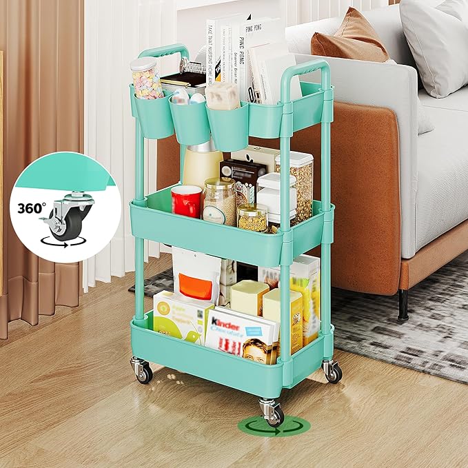 UDEAR 3-Tier Rolling Utility Cart,Multifunctional Storage Shelves with Handle and Lockable Wheels for Room,Office,Kitchen,Bathroom,with 3 Hanging Cups,Green-Ruum Studio Home