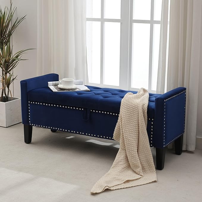Storage Ottoman Bench, Velvet Upholstered Footstool for Bedroom and Living Room, Tufted Seat with Storage, Wooden Legs & Metal Rivets, Dark Blue-Ruum Studio Home