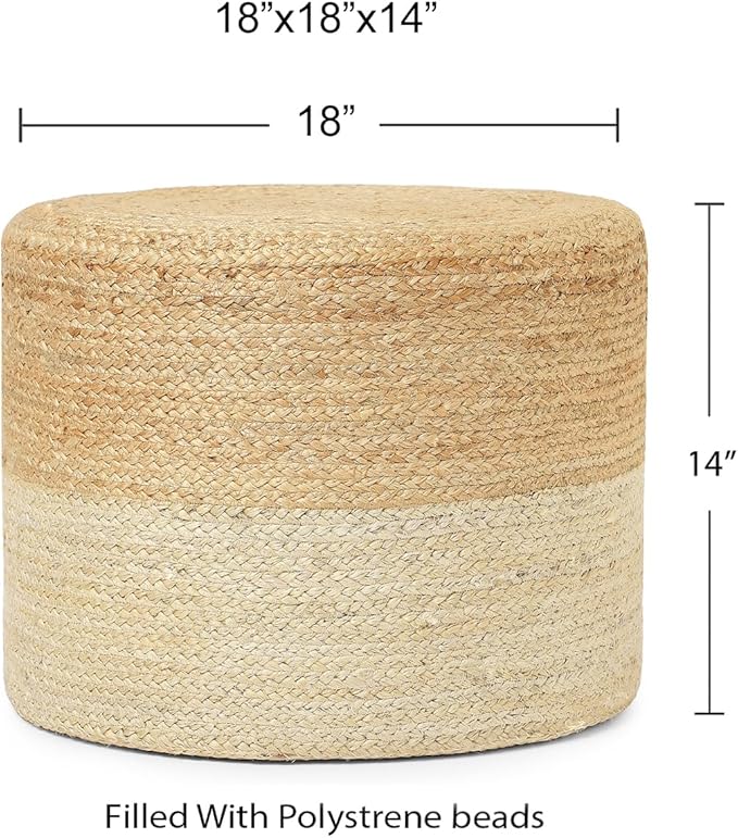 REDEARTH · Cylindrical Pouf Foot Stool Ottoman - Jute Braided Pouffe Poof Accent Sitting Footrest for Living Room, Bedroom, Nursery, Patio, Lounge & Other Rooms (Natural Ivory, 18"x18"x14")-Ruum Studio Home