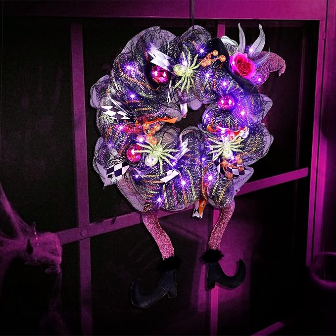 Lulu Home Halloween Front Door Wreath, Purple LED Lighted Witch Hat Wreath, Battery Operated, NOT PRELIT-Ruum Studio Home