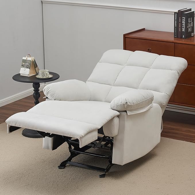 Rocker Recliner Chair, Overstuffed Manual Rocking Recliner for Adults, Upholstered Comfy Soft Fabric Living Room Reclining Sofa Chair (Beige Fabric)-Ruum Studio Home