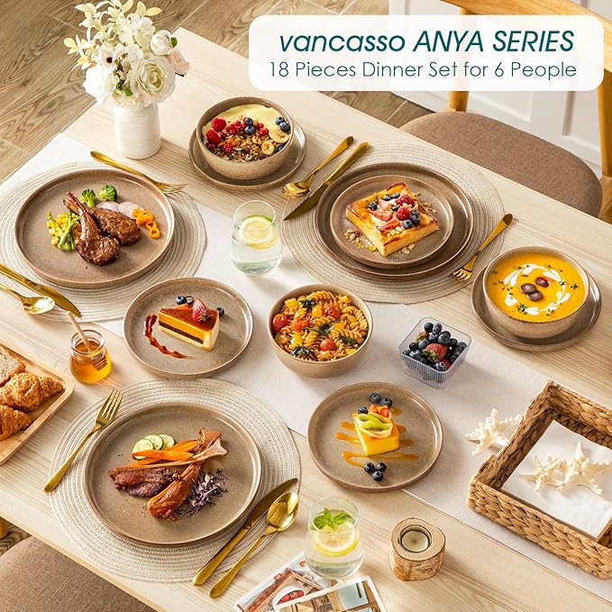 vancasso ANYA 18 Pieces Plates and Bowls Set, Caramel Dinnerware Sets, Reactive Glaze Dishes Set for 6, Ceramic Dishware Sets Kitchen Dinner Set, Microwave & Dishwasher Safe-Ruum Studio Home