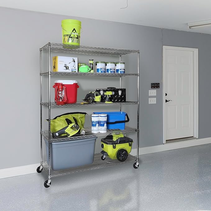Seville Classics UltraDurable Heavy Duty NSF Solid Steel Wire Rack Storage Unit Wheels, 5-Tier Shelving, 60" W x 24" D-Ruum Studio Home