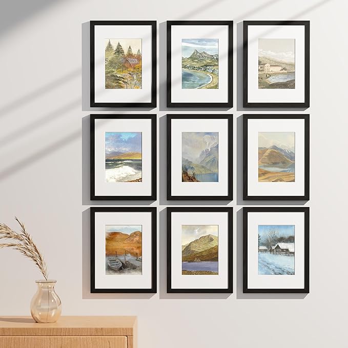 Vittanly 9x12 Picture Frames Set of 9, Shatter Resistant Plexiglass, Display 6x8 Pictures with Mat or 9x12 without Mat, Photo Frames for Wall or Tabletop, Engineered Wood, Black-Ruum Studio Home
