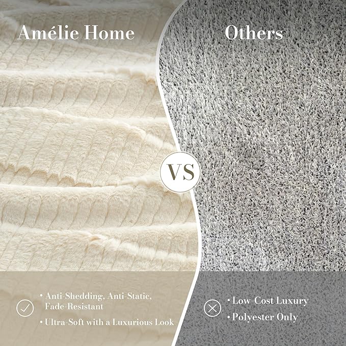 Amélie Home Luxury Striped Faux Fur Throw Blanket for Couch, Embossed Split Fur Cozy Fuzzy Fluffy Luxurious Soft Plush Sofa Chair Bed Gift Blankets for Women Men Wife Friend, 60"x80", Ivory-Ruum Studio Home
