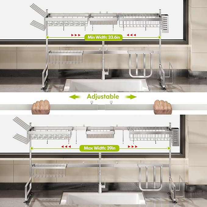 2 Tier Extra Large Stainless Steel Expandable Over The Sink Dish Drainer Drying Rack, Rust Proof Metal, Space Saving, Modern Silver Big Capacity Extendable Plate Strainers Above Kitchen Counter-Ruum Studio Home