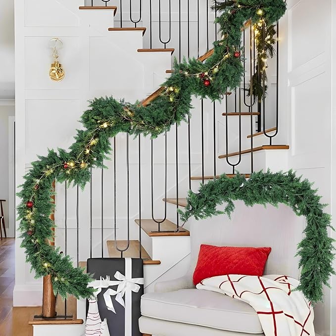 Hananona 6 FT 2 Pcs Artificial Cedar Garlands, Real Touch Winter Cedar Garland, Green Artificial Greenery Pine Garland for Table, Mantle, Wall, Indoor, Outdoor Christmas Decorations (2, 6 FT)-Ruum Studio Home