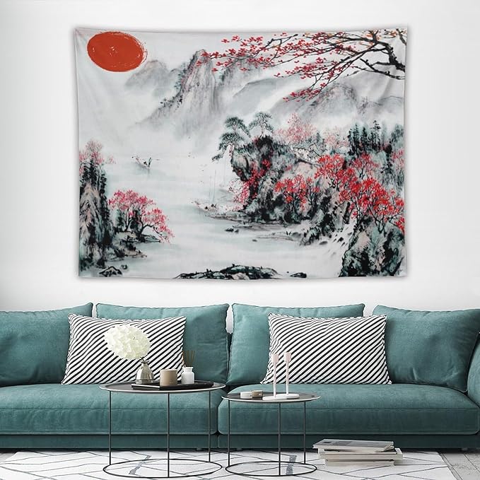 Cherry Blossoms Tapestry,Japanese Red Landscape Asian Watercolor Abstract Art Tapestry, Asian Japanese Wall Tapestry, Nature Landscape Tapestries for Bedroom Living Room Decor 80"x60"-Ruum Studio Home
