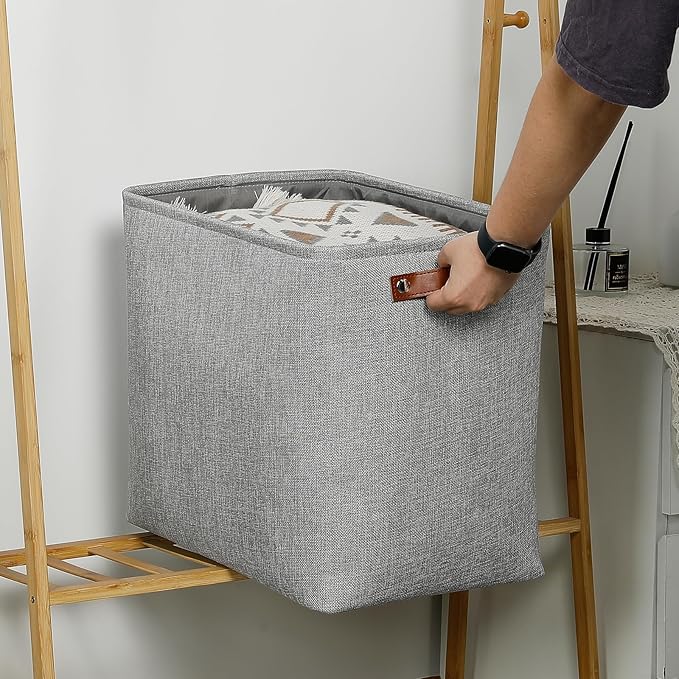 DULLEMELO Large Storage Baskets for Blankets Living Room 51L Canvas Storage Baskets for Organizing 3 Pack Collapsible Baskets Bins for Organizing Home Office with Handles (Grey)-Ruum Studio Home