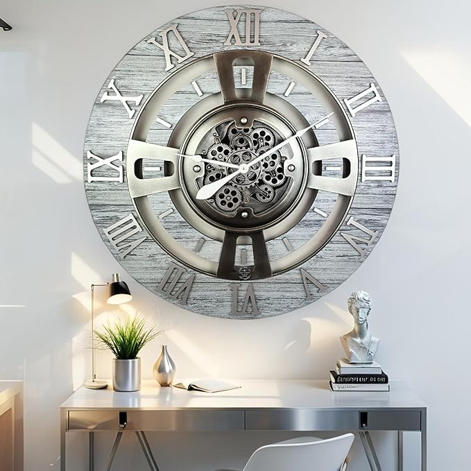 The Gears Clock Real Moving Gear Wall Clock England Line (Silver Grey, 24 inches (60 cm))-Ruum Studio Home
