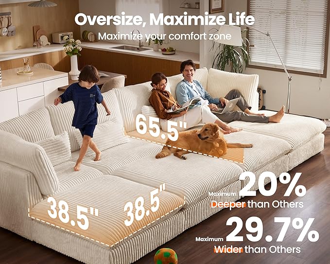 Oversized Modular Sofa, Extra Deep Cloud Corduroy Sectional Couch with Ottoman Chaise, Fluffy Corduroy 2 Seater Sofa Bed for Living Room, Villa (Loveseat Sofa, Corduroy White)-Ruum Studio Home