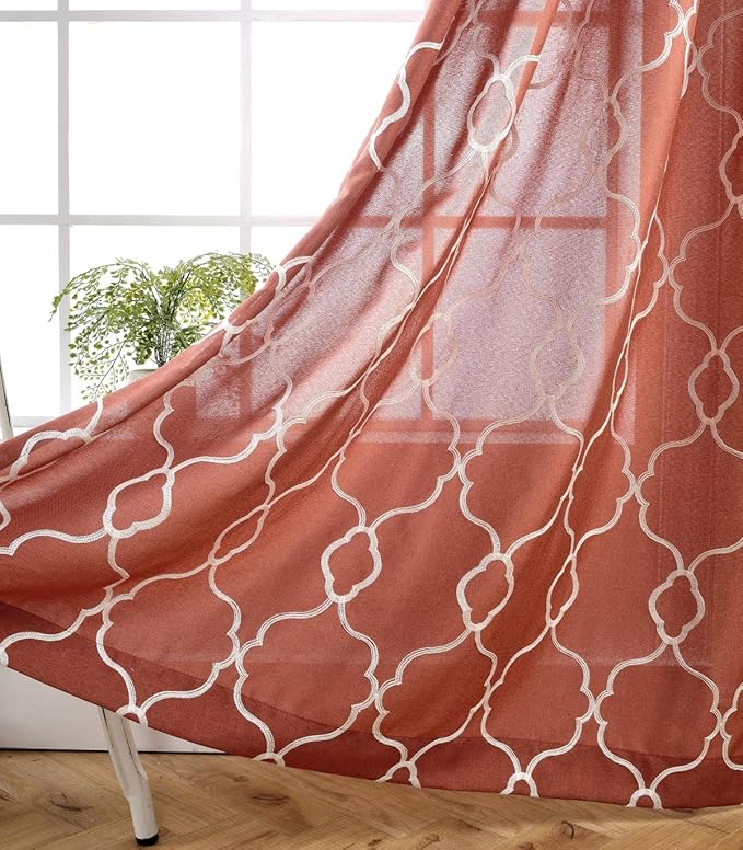 MIUCO Moroccan Embroidery Semi Sheer Curtains Faux Linen Grommet Curtain Panels for Kids Room 52 x 84 Inch 2 Panels, Rust-Ruum Studio Home