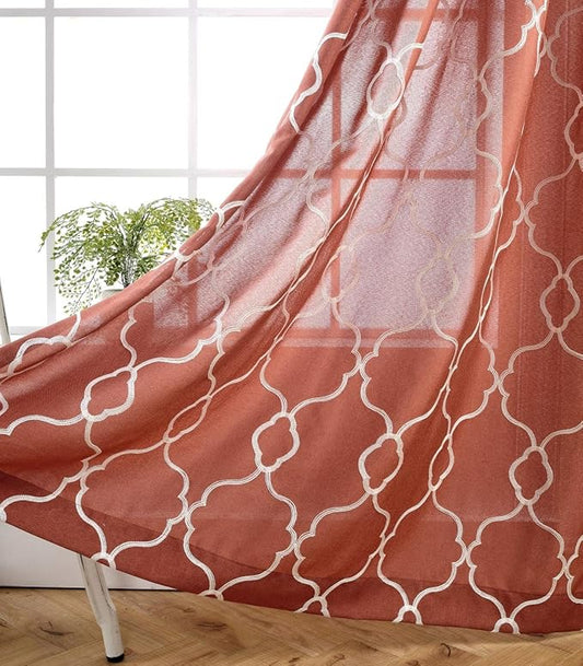 MIUCO Moroccan Embroidered Semi Sheer Curtains Faux Linen Extra Wide Grommet Window Panel Pair for Bedroom 52 x 95 Inch, Rust-Ruum Studio Home