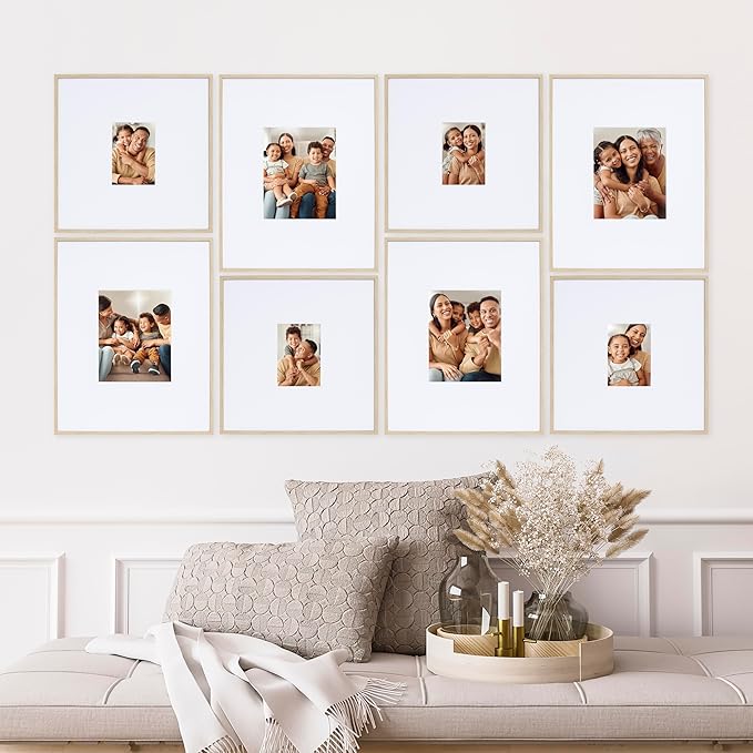 Camden Reed Arcadia 8 Piece Oversized Gallery Wall Frame, 16x20 and 16x16 Inch Matted Frames for Featuring 8x10 and 5x7 Inch Photographs or Art Prints, Natural Finish-Ruum Studio Home
