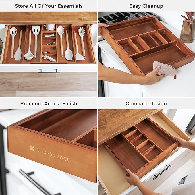 Adjustable Kitchen Drawer Organizer for Utensils and Junk, Food-Safe Contract Grade with 100% Sustainable Wood, Non-Slip, Expandable from 18.5 to 33 Inches Wide - Natural Acacia-Ruum Studio Home