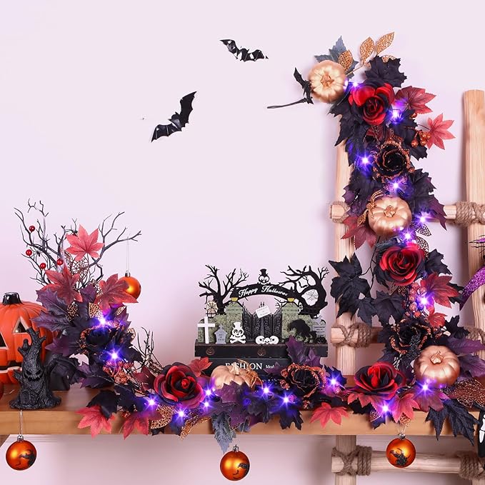 SHareconn 6FT Halloween Garland with Purple Lights Battery Operated and Timer, Pre-Lit Black Red Maple Leaves Lighted Garland Decorations for Fireplace Mantle Centerpiece Indoor Outdoor Decor, 6 FT-Ruum Studio Home