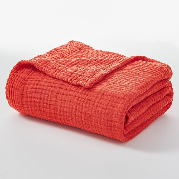 EMME Cotton Blanket Queen Size for Bed Soft Large Muslin Bed Blankets 90"x90" Lightweight Breathable All Season Gauze Blanket, Orange Rust-Ruum Studio Home