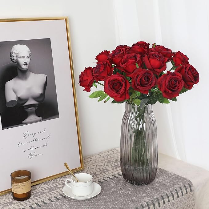 Burgundy Fake Roses Artificial Flowers - 10 Pcs Fake Artificial Roses Silk Flowers with Stems for Home Wedding Hotel Office Centerpiece Decor（Burgundy）-Ruum Studio Home