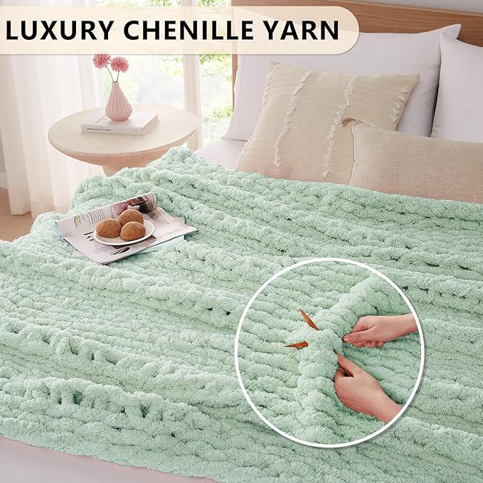 L'AGRATY Chunky Knit Blanket Throw: 50''x60'' Chenille Chunky Knitted Throw Blanket for Bed Couch - Handmade Thick Big Cable Knit Blanket - Large Crochet Rope Blanket for Home Decor(Milky Green)-Ruum Studio Home