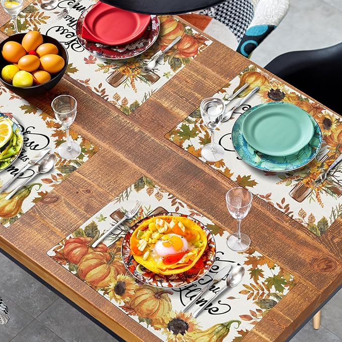 Fall Cross Pumpkin Placemats Set of 4 Autumn Thanksgiving Harvest Sunflower Maple Leaf Orange Linen Table Mats Seasonal Farmhouse Decorative Place Mat for Party Kitchen Dining Decor-Ruum Studio Home