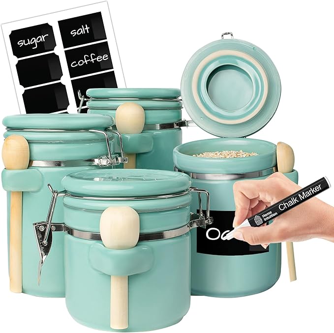Home Intuition 4-Piece Ceramic Kitchen Canisters Set, Airtight Containers with Wooden Spoons Reusable Chalk Labels and Marker for Sugar, Coffee, Flour, Tea (Turquoise)-Ruum Studio Home