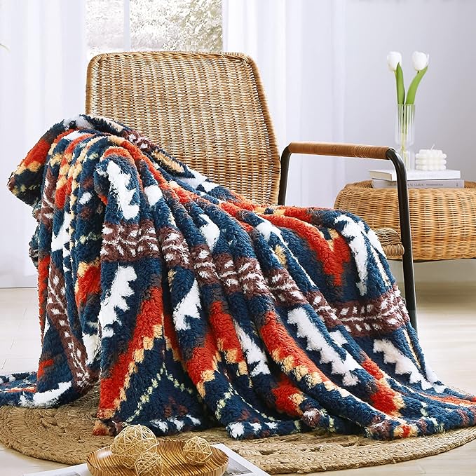 CASAAGUSTO Boho Sherpa Throw Blanket, Aztec Throw, Ultra Soft, Warm, Cozy, Plush, Thick Fleece Bohemian Throw Blanket for Couch, Bed, Sofa (Navy Blue 50 * 60 Inch)-Ruum Studio Home