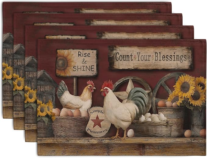 Farmhouse Rooster Placemats Set of 4 Farm Animal Chicken Place Mats 12x18 Inch Vintage Rustic Country Linen Table Mat Washable Non-Slip Placemat for Party Kitchen Dining Decor-Ruum Studio Home