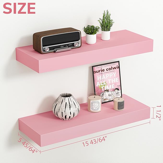 BAMEOS Pink Floating Shelves for Wall, 16" x 6" Wall Shelves for Room, Floating Book Shelves, Hanging Shelves for Bedroom, Bedroom, Living Room, Kitchen (Set of 2)-Ruum Studio Home