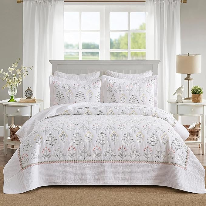 MarCielo 3-Piece 100% Cotton Oversized Bedspread Lightweight Quilt Coverlet Embroidery Farmhouse Bedding Set(TL Floral White,Oversized Queen (100"x106"))-Ruum Studio Home