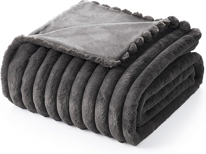 Amélie Home Faux Fur Throw Blanket for Couch, Cozy Fuzzy Fluffy Fur Luxurious Soft Striped Plush Gift Blankets for Family Sofa Chair Bed Living Room Bedroom, 60"x80", Charcoal Grey-Ruum Studio Home