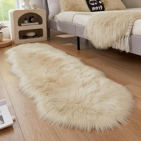 AMTOVO Faux Sheepskin Rug, Beige Ultra Soft Fluffy Shag Area Rug, 2 x 6 ft Faux Fur Rug for Bedroom Sofa Throw Cushion Room Decor, Sheepskin-Ruum Studio Home