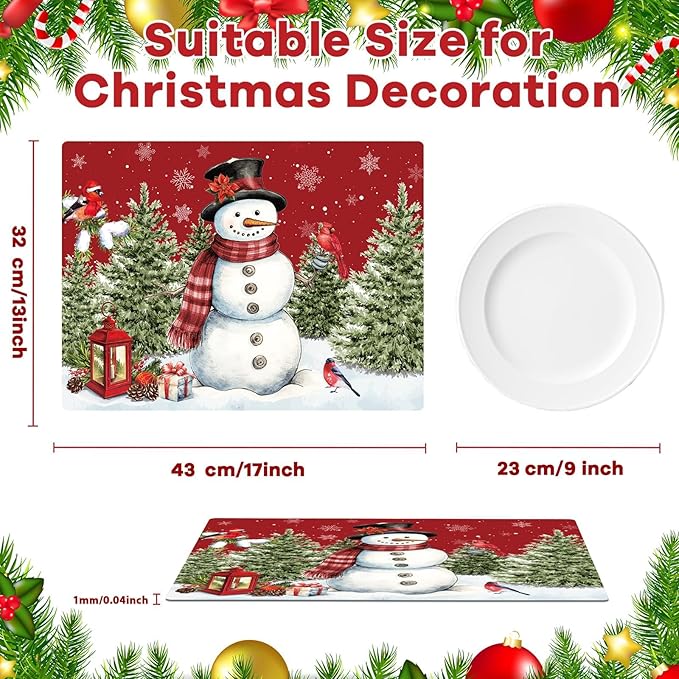 Winter Christmas Placemats Set of 6 Red Blue Snowman Plastic Table Mats Christmas Tree Birds Place Mats Washable Vinyl Seasonal Winter Table Decoration for Indoor Outdoor Party Kitchen Dining-Ruum Studio Home