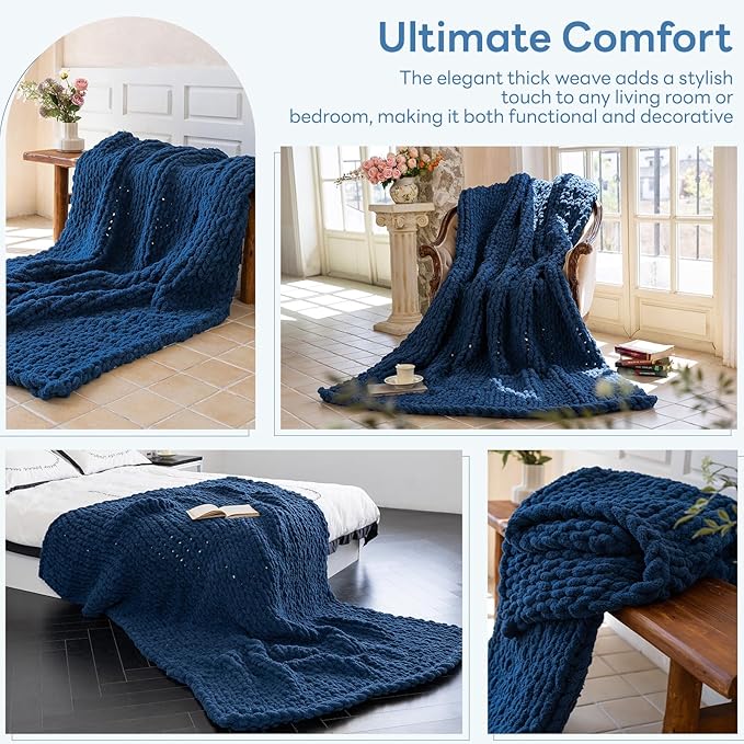 Chunky Knit Blanket - Luxury Soft Cozy 50 * 60 Throw Blanket,100% Woven Blanket Rope Knot Throw Blanket for Couch, Sofa, Home Decor, Gift - Machine Washable（Deep Blue）-Ruum Studio Home